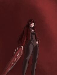  1girl absurdres artist_name black_bodysuit bodysuit breasts cigarette cleavage_cutout clothing_cutout commentary covered_abs covered_navel e.g.o_(project_moon) feet_out_of_frame gebura_(project_moon) hand_on_own_hip highres holding holding_sword holding_weapon jacket lobotomy_corporation long_hair medium_breasts mimicry_(e.g.o) no_heterochromia open_clothes open_jacket patkdrw project_moon red_background red_hair simple_background sword tall_female thick_thighs thighs toned toned_female weapon wide_hips yellow_eyes 