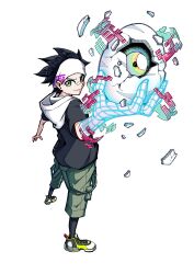  1boy absurdres bandage_on_nose black_hair black_hoodie black_socks cargo_shorts closed_mouth cyclops digimon digimon_(creature) digimon_eggs digitama egg eggshell from_behind full_body green_shorts halftone hatching headband highres holding hood hood_down hoodie looking_at_viewer looking_back multicolored_eyes official_art one-eyed partially_cracked_egg rainbow_eyes rindo_izumo shoes shorts shounen_jump smile sneakers socks suzumon white_background white_headband wireframe yellow_eyes yellow_shoes 