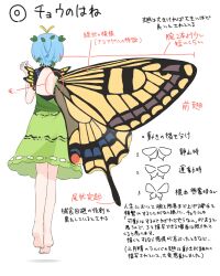  1girl absurdres barefoot blue_hair butterfly_wings commentary_request dress eternity_larva facing_away fairy from_behind full_body green_dress highres insect_wings ktune_udon leaf leaf_on_head multicolored_dress pointing_out_the_details short_hair simple_background soles solo toes touhou translation_request white_background wings yellow_wings 