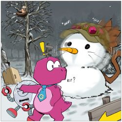  ! 1girl 2boys animal_ears bird bird_nest blue_necktie brown_eyes brown_fur carrot cat_ears cat_girl cat_tail character_snowman closed_eyes day dinosaur_boy egg forest furry gameoverse gobbles_(gameoverse) green_hat hat highres kaboodle_(gameoverse) kit_bodega looking_at_another metal_slug multiple_boys nature necktie open_mouth outdoors robot rocknrm snow snowman tail tree walking 
