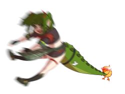  1girl @_@ baby_animal bird black_shirt black_skirt black_socks chick commentary crocodile_girl crocodilian_tail english_commentary full_body grabbing_another's_tail green_hair hair_ribbon highres madsjustmad nitya_nil phase_connect red_ribbon ribbon shirt simple_background skirt socks swinging_another tail thigh_strap virtual_youtuber white_background 