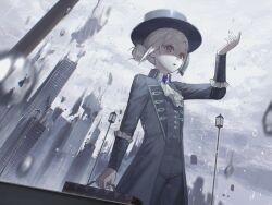 1girl :o ascot black_coat black_hat black_pants boater_hat building coat commentary_request cowboy_shot dissolving grey_eyes grey_hair hair_bun hand_up hat highres lamppost looking_up outdoors overcast pants rain reverse:1999 short_hair single_side_bun sky skyscraper solo suitcase vertin_(reverse:1999) white_ascot xjsbca 