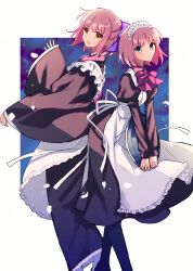  2girls apron back-to-back blue_bow blue_eyes border bow bowtie brown_dress brown_kimono closed_mouth dress highres hisui_(tsukihime) holding holding_tray japanese_clothes juliet_sleeves kimono kohaku_(tsukihime) long_sleeves looking_at_viewer maid maid_apron maid_headdress matsuoka_(mtok_0) mixed_maids multiple_girls open_mouth puffy_sleeves red_bow red_bowtie red_hair siblings sisters standing tray tsukihime twins wa_maid white_apron white_border yellow_eyes 