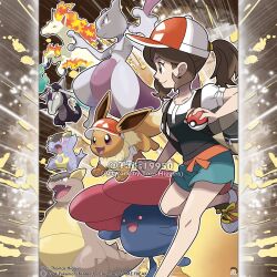  1girl :d absurdres alolan_marowak artist_name baseball_cap black_shirt blue_shorts bright_pupils brown_eyes brown_hair clenched_hand closed_mouth clothed_pokemon commentary company_name copyright_notice eevee elaine_(pokemon) english_commentary eyelashes fangs fire from_side green_fire hat highres holding holding_poke_ball horns kangaskhan long_hair mega_kangaskhan mega_pokemon merchandise_available mewtwo official_style open_mouth outline poke_ball poke_ball_(basic) pokemon pokemon:_let's_go_pikachu!_and_let's_go_eevee! pokemon_(creature) pokemon_team ponytail rapidash red_hat red_shoes shirt shoelaces shoes short_sleeves shorts single_horn smile standing standing_on_one_leg tom_higgins v-shaped_eyes vileplume violet_eyes watermark white_outline white_pupils 