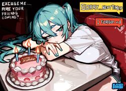  1girl alternate_breast_size_(larger) alternate_costume aqua_eyes aqua_hair aqua_nails artist_name birthday_cake black_shorts blue_eyes blue_hair blue_nails blush_stickers breast_press breasts cake candlelight colored_eyebrows colored_speech_bubble commentary desk dolphin_shorts double-parted_bangs el_rincon_de_amber english_commentary english_text food from_side hair_intakes happy_birthday hatsune_miku highres large_breasts long_hair looking_at_viewer loose_hair_strand messy_hair on_desk pout shirt shorts solo speech_bubble text_messaging thick_eyebrows twintails vocaloid white_shirt 