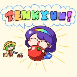  2girls :> ascot blush brown_background cape chibi chibi_only closed_eyes closed_mouth cloud_print commentary english_commentary english_text engrish_commentary engrish_text fertilizer full_body green_hair hairband happy happy_aura hat holding holding_tomato holding_watering_can kazami_yuuka medium_hair multicolored_hairband multiple_girls numenoko open_mouth plant potted_plant pun purple_hair rainbow_hairband rainbow_order ranguage red_skirt red_vest sidelocks simple_background skirt smile speech_bubble straw_hat tan_tan_pou tenkyuu_chimata touhou vest watering_can yellow_ascot 