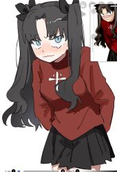  1girl aqua_eyes arms_behind_back art_program_in_frame black_bow black_hair black_skirt blush bow cross cross_print derivative_work embarrassed fate/stay_night fate_(series) hair_bow highres kamo_nabe_kuu long_hair looking_at_viewer official_art_redraw pleated_skirt print_shirt red_shirt reference_inset shirt simple_background skirt solo tohsaka_rin twintails white_background 