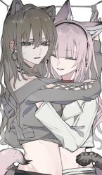  2girls animal_ears bang_dream! bang_dream!_our_notes black_hairband brown_hair cat_ears cat_girl cat_tail chinese_commentary closed_eyes commentary_request cropped_jacket earrings fox_ears fox_girl fox_tail grey_jacket hair_between_eyes hairband highres izumi_houka jacket jewelry kemonomimi_mode kotohira_nagi logo long_hair multiple_girls open_mouth pink_hair roymsygxelaxpgk stuck sweatdrop tail textless_version white_jacket yuri 