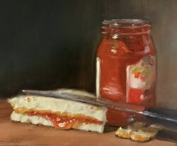 commentary english_commentary food food_focus highres jam jar knife no_humans noah_verrier oil_painting_(medium) original painting_(medium) peanut_butter peanut_butter_and_jelly_sandwich realistic sandwich still_life traditional_media 