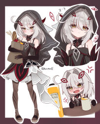  1girl absurdres aged_down alternate_costume anger_vein baseatoz black_dress black_gloves black_hood border brown_border brown_pantyhose chibi chibi_inset commentary_request cup dress elbow_gloves eye_hair_ornament genshin_impact gloves hair_intakes highres holding holding_cup hood juice korean_commentary looking_at_viewer medium_hair multiple_views pantyhose ronova_(genshin_impact) see-through_clothes see-through_hood sidelocks simple_background snowflake_pupils white_background white_hair yellow_eyes 