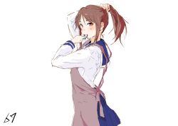  absurdres arm_up aucufeo blue_sailor_collar blue_skirt blush brown_eyes brown_hair bunching_hair commentary_request from_side hair_tie hair_tie_in_mouth hand_up highres holding_own_hair looking_at_viewer looking_to_the_side mouth_hold numbered okano_kei pleated_skirt sailor_collar shirt sidelocks simple_background skirt tying_hair white_background white_shirt yuyushiki 