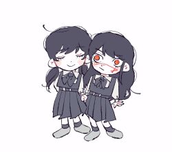  2girls belt black_hair black_socks blush chainsaw_man chibi choppy_bangs closed_eyes cross_scar dress fourth_east_high_school_uniform highres long_hair long_sleeves mitaka_asa multiple_girls pinafore_dress red_eyes ringed_eyes scar scar_on_cheek scar_on_face scar_on_nose school_uniform shirt shoes skirt sleeveless sleeveless_dress smile socks suspender_skirt suspenders twintails white_shirt white_shoes yoru_(chainsaw_man) zumaru 