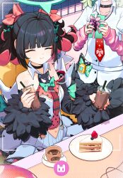  2girls absurdres ahoge akaika_(aka) bare_shoulders black_choker black_hair blonde_hair bow box breasts cake cake_slice choker closed_eyes closed_mouth coffee commentary_request cup detached_sleeves drink drinking_straw food gift gift_box green_bow halo highres holding holding_cup jewelry multicolored_hair multiple_girls nangong_yu navel necktie pink_hair plate recording red_necktie ring shirt skirt smile sunna_(zenless_zone_zero) twintails viewfinder white_shirt zenless_zone_zero 