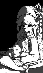  1girl animal_on_lap black_background breasts chair commentary crescent_print crossed_legs dalachi_(headdress) dress english_commentary feet_out_of_frame greyscale hand_on_animal highres junko_(touhou) kyyubea long_hair long_sleeves looking_to_the_side medium_breasts monochrome neck_ribbon no_mouth on_chair on_lap phoenix_print pom_pom_(clothes) rabbit ribbon sidelighting simple_background sitting solo tabard touhou very_long_hair 