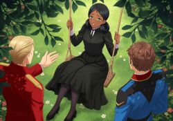  1girl 2boys absurdres alternate_universe amuro_ray black_dress black_pantyhose char_aznable commentary dark-skinned_female dark_skin dress english_commentary flower grass green_eyes gundam gundam_gquuuuuux highres kittleskittle lalah_sune long_hair long_sleeves looking_at_another military_uniform mobile_suit_gundam multiple_boys on_swing pantyhose swing tree white_flower 