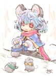  1girl animal animal_ears blue_capelet capelet clothed_animal commentary_request dressing_another grey_hair highres jewelry mouse mouse_ears mouse_girl mouse_tail nazrin pendant red_eyes scarf signature tail touhou winter_clothes yamasina009 
