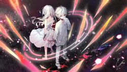  1boy 1girl artist_name back-to-back back_bow barcode barcode_tattoo barefoot bow broken_handcuffs cheek_tattoo commentary_request covering_own_mouth double-parted_bangs dress facing_away floating_hair from_above full_body gomas hair_between_eyes hand_up highres indie_utaite long_hair long_sleeves looking_at_viewer mafumafu medium_dress official_art pants red_eyes shirt signature sleeveless sleeveless_dress standing tattoo toes utaite white_dress white_hair white_pants white_shirt 
