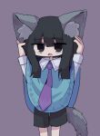  1girl animal_ear_fluff animal_ears black_eyes black_hair black_shorts blue_power collared_shirt cowboy_shot hands_up kanikan long_hair long_sleeves looking_at_viewer necktie open_mouth original poncho purple_background purple_necktie shirt shorts simple_background solo standing tail white_shirt wolf_ears wolf_girl wolf_tail 