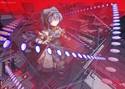  1girl apron arm_ribbon artist_name blue_hair blue_ribbon building chinese_commentary commentary_request danmaku dated dress full_body furahata_gen giant giantess green_apron green_headscarf haniyasushin_keiki headscarf highres holding_tool jewelry long_hair magatama magatama_necklace mixed_holding necklace object_in_pocket pink_eyes pocket red_sky ribbon single_strap sky solo tools touhou wood_carving_tool yellow_dress 