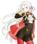  1girl ascot buttons cape commentary_request edelgard_von_hresvelg fire_emblem fire_emblem:_three_houses floating_hair forehead garreg_mach_monastery_uniform gloves hair_ribbon highres ikaikakka korean_commentary long_hair long_sleeves looking_at_viewer pantyhose purple_ribbon red_cape red_pantyhose ribbon simple_background solo uniform very_long_hair violet_eyes white_ascot white_background white_gloves white_hair 