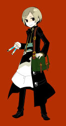  1boy bag black_coat black_eyes black_pants black_shoes closed_mouth coat commentary_request fingernails full_body green_bag holding holding_test_tube lab_coat legs_apart male_focus medic_(sekaiju_4) medic_3_(sekaiju_4) official_alternate_color pants red_background red_pupils ruiko_(sad) sekaiju_no_meikyuu sekaiju_no_meikyuu_4 shoes shoulder_bag simple_background smile solo standing test_tube 
