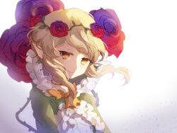 1girl blonde_hair closed_mouth commentary_request cranberry_(mahoiku) flower hair_flower hair_ornament long_hair magical_girl mahou_shoujo_ikusei_keikaku mahou_shoujo_ikusei_keikaku_unmarked plant pointy_ears rose smile thorns vines yellow_eyes yunare 