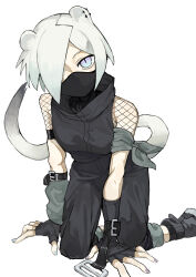  1girl absurdres all_fours animal_ears arknights arm_warmers armband bare_shoulders black_pants black_shirt blue_eyes commentary covered_mouth fingerless_gloves fingernails fishnets gloves grey_arm_warmers grey_armband grey_hair grey_nails grey_tail hair_over_one_eye highres looking_at_viewer mask mouth_mask nail_polish nanasoji_amari ninja_mask one_eye_covered pants shirayuki_(arknights) shirt short_hair simple_background single_arm_warmer slit_pupils solo tail under-elbow_gloves white_background 