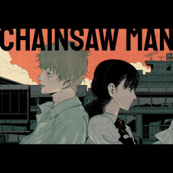  1boy 1girl back-to-back black_hair black_vest blonde_hair bored building chainsaw_man closed_mouth clouds collared_shirt commentary_request copyright_name denji_(chainsaw_man) highres long_sleeves mitaka_asa mumumi neck_ribbon orange_sky parted_lips ribbon shirt short_hair sidelocks sky sunset teeth twintails vest wing_collar 