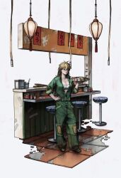  1girl absurdres bar_stool blonde_hair blue_eyes bra commentary_request dirty dirty_clothes dorohedoro dumpling food green_jumpsuit green_shoes hand_on_own_hip highres holding holding_plate jiaozi jumpsuit korean_commentary lantern light_smile long_hair nikaidou_(dorohedoro) paper_lantern partially_open_jumpsuit plate rb_17 restaurant salt_shaker shoes sneakers solo standing stool tile_floor tiles underwear white_background white_bra 
