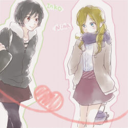  2girls aldnoah.zero alternate_costume amifumi_inko bag black_hair blonde_hair blue_eyes blush brown_eyes brown_skirt character_name cowboy_shot fur-trimmed_jacket fur_trim green_jacket handbag heart holding holding_bag jacket long_hair multiple_girls nina_klein okomeumaidesu pantyhose pink_skirt purple_bag purple_scarf scarf short_hair shoulder_bag skirt smile twintails 
