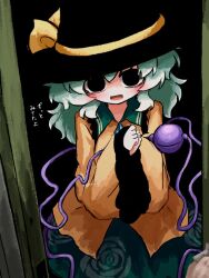  1girl 1other black_eyes black_hat blush bow buttons collared_shirt commentary_request diamond_button disembodied_linked_eye doorway empty_eyes eyeball floral_print frilled_shirt_collar frilled_sleeves frills green_hair green_skirt hat hat_bow heripantomorrow komeiji_koishi long_sleeves looking_at_viewer open_mouth pov pov_doorway print_skirt rose_print shirt skirt smile touhou translation_request wide_sleeves yellow_bow yellow_shirt 