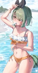  1girl absurdres beach bikini black_bow blush bow bracelet breasts brown_hair clouds food food_in_mouth fruit green_hair highres jewelry medium_breasts multicolored_hair nakatsugawa_mei nene_(neneeeeeillust) orange_bikini partially_submerged pink_hair pocky pocky_in_mouth pool_float popsicle popsicle_in_mouth sand sky solo solo_focus summer sweat swimsuit thick_eyebrows thighs two-tone_hair water watermelon yurucamp 