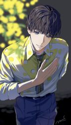  1boy arm_behind_back belt black_belt black_hair blue_eyes blue_pants blurry blurry_background bowing cheese_print commentary food_print highres kamen_rider kamen_rider_my-th_(series) looking_at_viewer male_focus maso_(01mogu05) multicolored_shirt necktie otosumi_sora pants parted_lips plaid_clothes plaid_necktie shirt shirt_tucked_in short_hair smile solo tokusatsu untranslatable_commentary white_shirt yellow_necktie yellow_shirt 