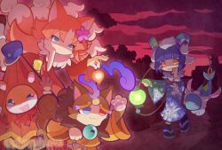  2girls alternate_costume animal_ears aqua_horns bell black_socks blue_eyes blue_hat blue_kimono cat_boy chinese_lantern_(plant) closed_mouth commentary_request dabih_(puyopuyo) fire fish floating flower flying_fish fox_ears fox_girl fox_tail fur_collar furry giorno_(courage_test)_(puyopuyo) giorno_(puyopuyo) hair_flower hair_ornament halloween halloween_costume hand_on_own_chest hand_up hat heterochromia hitodama holding holding_lantern holding_plant horns japanese_clothes jingle_bell karakasa_obake kimono kitsune lantern long_hair looking_at_viewer matakichi_(puyopuyo) multicolored_horns multiple_girls multiple_tails neck_bell obi official_alternate_costume official_style open_mouth orange_hair orange_kimono osaki_(puyopuyo) peanut_mouth pimyuhuwa pink_flower plant print_kimono purple_fire purple_hair purple_horns puyopuyo puyopuyo_quest red_eyes red_kimono red_sash red_sky sash scared sheep_ears sheep_girl sheep_horns short_hair sky smile socks star_(symbol) star_print striped_horns tabi tail twitter_username two-tone_horns umbrella very_long_hair walking weasel weasel_boy white_socks wide_sleeves yellow_eyes yukata 