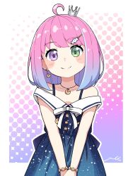  1girl ahoge bare_shoulders blue_dress blue_hair blush_stickers bob_cut bracelet candy_hair_ornament commentary_request crescent crescent_earrings crescent_necklace crown dress earrings food-themed_hair_ornament gold_bracelet gradient_clothes gradient_dress gradient_hair green_eyes hair_ornament hairclip heterochromia highres himemori_luna himemori_luna_(sundress) hololive jewelry medium_hair mini_crown multicolored_hair necklace off-shoulder_dress off_shoulder official_alternate_costume pink_hair pointed_crown short_dress silver_crown sleeveless sleeveless_dress smile solo starry_sky_print swept_bangs violet_eyes virtual_youtuber yuki_yuxtuke 