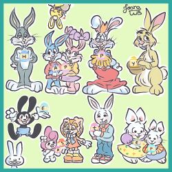  4girls 6+boys animal_ears animal_nose arthur_(series) babs_bunny basket blue_fur blush bomb border bow bowtie brother_and_sister bugs_bunny buster_baxter buster_bunny commentary cream_the_rabbit crossover cuddles_(happy_tree_friends) ear_bow easter easter_egg egg english_commentary explosive furry furry_female furry_male green_background green_border grey_fur happy_easter happy_tree_friends highres holding holding_basket holding_bomb joanawb looney_tunes max_(sam_&amp;_max) max_and_ruby max_bunny multiple_boys multiple_crossover multiple_girls my_melody orange_fur orange_hair oswald_the_lucky_rabbit overalls pink_fur polka_dot polka_dot_bow polka_dot_bowtie purple_bow rabbit rabbit_(winnie_the_pooh) rabbit_boy rabbit_ears rabbit_girl rabbit_tail red_overalls roger_rabbit ruby_bunny sam_&amp;_max siblings signature simple_background sonic_(series) species_connection tail tiny_toon_adventures toon_(style) whiskers white_fur who_framed_roger_rabbit winnie_the_pooh yellow_fur 