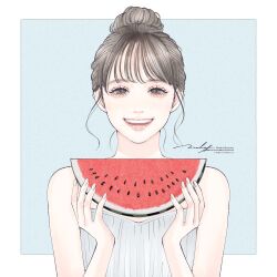  1girl aqua_background artist_name bare_arms bare_shoulders border brown_eyes brown_hair commentary fingernails food fruit hair_bun hands_up happy holding holding_food holding_fruit looking_at_viewer naho_graphics open_mouth original outside_border shirt signature simple_background single_hair_bun smile solo straight-on strapless strapless_shirt watermelon watermelon_slice white_border white_shirt wispy_bangs 