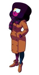  1girl afro black_hair coat colored_skin discount-supervillain garnet_(steven_universe) gem_(steven_universe) highres kinky_hair purple_skin scarf simple_background solo steven_universe sunglasses 