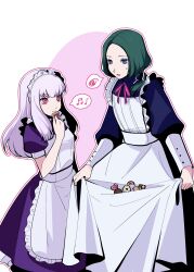  1boy 1girl absurdres apron black_dress blue_eyes breasts chinese_commentary commentary_request cookie crossdressing crossdressing_(mtf) dress fengdi_kazefue fire_emblem fire_emblem:_three_houses food green_hair highres holding holding_cookie holding_food linhardt_von_hevring long_hair long_sleeves lying lysithea_von_ordelia maid maid_apron maid_headdress male_maid musical_note pink_eyes puffy_long_sleeves puffy_short_sleeves puffy_sleeves purple_dress short_sleeves simple_background spoken_musical_note spoken_squiggle squiggle standing white_background 