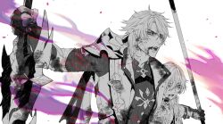  2boys armor battle blood blood_from_mouth blood_on_clothes blood_on_face blood_on_gloves blood_on_weapon bruise bruise_on_face choker commentary_request cross_scar disaster_and_remorse_(genshin_impact) fangs fingerless_gloves frown genshin_impact gest_of_the_mighty_wolf_(genshin_impact) gloves greatsword greyscale hair_between_eyes heavy_breathing highres holding holding_polearm holding_sword holding_weapon injury leaning_on_weapon lohen_(genshin_impact) male_focus miasma mole mole_under_eye monochrome multiple_boys npn one_eye_closed open_mouth pauldrons polearm scar scar_on_cheek scar_on_face short_hair shoulder_armor single_pauldron spot_color sword tall_male varka_(genshin_impact) weapon 