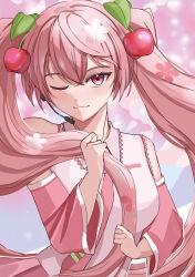  1girl :3 ;3 absurdres bare_shoulders blue_background blush cherry_hair_ornament closed_mouth collared_shirt commentary cowboy_shot crossed_bangs detached_sleeves food-themed_hair_ornament hair_between_eyes hair_ornament hand_up hatsune_miku headset highres hokka_130 holding_own_hair leaf_hair_ornament light_particles long_hair long_sleeves looking_at_viewer necktie one_eye_closed pink_background pink_hair pink_necktie pink_skirt pink_sleeves pink_theme pleated_skirt red_eyes sakura_miku shirt sidelocks simple_background skirt sleeveless sleeveless_shirt smile solo tsurime twintails two-tone_background very_long_hair vocaloid white_shirt wide_sleeves 