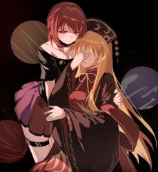  2girls black_shirt blonde_hair brown_dress commentary_request covering_another's_eyes dress hecatia_lapislazuli junko_(touhou) long_hair miniskirt multiple_girls nymphus red_eyes red_hair red_tabard shirt skirt smile tabard touhou 