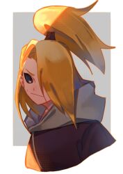 1boy aoi3ckmoon asymmetrical_bangs black_eyeliner black_sclera blonde_hair blue_eyes colored_sclera deidara_(naruto) edo_tensei eyeliner hair_over_one_eye high_ponytail highres long_hair looking_at_viewer makeup male_focus naruto_(series) naruto_shippuuden ponytail robe simple_background smile solo sweatdrop 