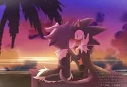  1boy 1girl alternate_costume animal_ears blaze_the_cat blush cape cat_ears cat_girl cat_tail fur_trim furry gradient_sky hand_on_another's_face hedgehog_boy kiss nanadoesart ocean palm_tree purple_sky sitting sky sonic_(series) sonic_the_hedgehog tail tree twilight wide-eyed 