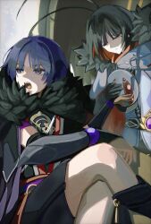  1boy 1other arm_on_thigh armor black_gloves black_hair black_kimono black_shorts black_sleeves blunt_bangs blunt_ends bowing character_request choppy_bangs closed_mouth coat colored_inner_hair commentary_request crossed_legs eyeliner fatui_coat fur-trimmed_coat fur_trim furisode genshin_impact gloves gold hat head_down highres holding holding_unworn_clothes holding_unworn_hat huge_antenna_hair japanese_armor japanese_clothes juban kimono kote kurokote layered_sleeves looking_down looking_to_the_side makeup mitsudomoe_(shape) multicolored_hair o-ring oc_x_canon open_mouth original peaked_cap purple_hair purple_sash purple_sleeves red_eyeliner red_eyes red_hair red_kimono red_sash sash scaramouche_(genshin_impact) scaramouche_(harbinger)_(genshin_impact) shaded_face short_sleeves shorts sitting teeth tomato315315 tomoe_(symbol) tongue tsurime unworn_hat unworn_headwear upper_teeth_only violet_eyes white_hat white_kimono 