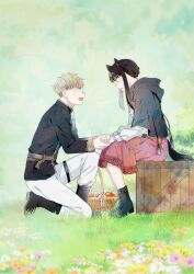  1boy 1girl alternate_universe animal_ears apple basket belt black_boots black_capelet black_hair black_jacket blonde_hair blush boots box brown_belt capelet commentary_request eye_contact food from_side fruit full_body grass highres holding_hands hood hooded_capelet jacket kneeling long_sidelocks long_sleeves looking_at_another moduk2222 on_box open_mouth outdoors red_eyes red_skirt shirt short_hair short_hair_with_long_locks sidelocks sitting sitting_on_box skirt spy_x_family sweatdrop tail tassel thigh_belt thigh_strap twilight_(spy_x_family) white_shirt wolf_ears wolf_girl wolf_tail wooden_box yor_briar 