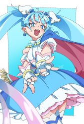  1girl :d ahoge asymmetrical_bangs blue_background blue_bow blue_cape blue_dress blue_eyes blue_hair blue_theme border bow bright_pupils brooch cape commentary cowboy_shot crossed_legs cure_sky cut_bangs detached_sleeves diagonal_bangs double_v doveman dress earrings english_commentary fingerless_gloves fringe-trimmed_cape fringe_trim from_below gloves gradient_hair hair_bow hair_ornament highres hirogaru_sky!_precure jewelry long_hair looking_at_viewer magical_girl medium_dress multicolored_hair open_mouth outside_border pink_hair precure puffy_detached_sleeves puffy_sleeves red_cape round_teeth signature single_bare_shoulder single_earring single_hair_streak single_sidelock sleeveless sleeveless_dress smile solo sora_harewataru streaked_hair teeth thigh-highs twintails two-sided_cape two-sided_fabric two-tone_dress two-tone_hair upper_teeth_only v v-shaped_eyebrows very_long_hair white_border white_dress white_gloves white_thighhighs wing_brooch wing_hair_ornament yellow_pupils 
