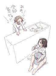  2girls black_eyes black_hair boro_(tn-boro) brown_eyes chie_yumeno commentary_request faucet grey_hair highres holding holding_spoon ladle looking_at_another mahou_shoujo_ikusei_keikaku mahou_shoujo_ikusei_keikaku_breakdown multiple_girls open_mouth recycle_bin short_hair sink sitting spoon translation_request utensil_in_mouth white_background yoh_tanada 