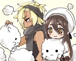  1boy 1girl bandana black_bandana black_shirt closed_mouth coat commentary_request creature dark-skinned_male dark_skin deformed hair_between_eyes hat holding holding_creature kesaran_pasaran_(sekaiju) kiharatta long_hair official_alternate_color profile red_eyes sekaiju_no_meikyuu sekaiju_no_meikyuu_3 shirt sketch sleeveless sleeveless_shirt smile warrior_(sekaiju) warrior_3_(sekaiju) white_background white_coat white_hat yellow_eyes zodiac_(sekaiju) zodiac_2_(sekaiju) 
