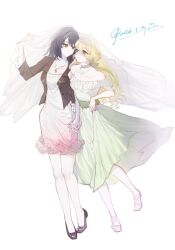  2girls absurdres black_hair black_shoes blonde_hair brown_eyes brown_jacket commentary dated dress ff_(pixiv_104744337) gradient_clothes gradient_dress green_dress green_eyes hair_intakes highres holding_hands holding_own_skirt interlocked_fingers jacket jewelry long_hair medium_hair multiple_girls necklace original pink_dress shoes simple_background white_background white_dress white_shoes yuri 